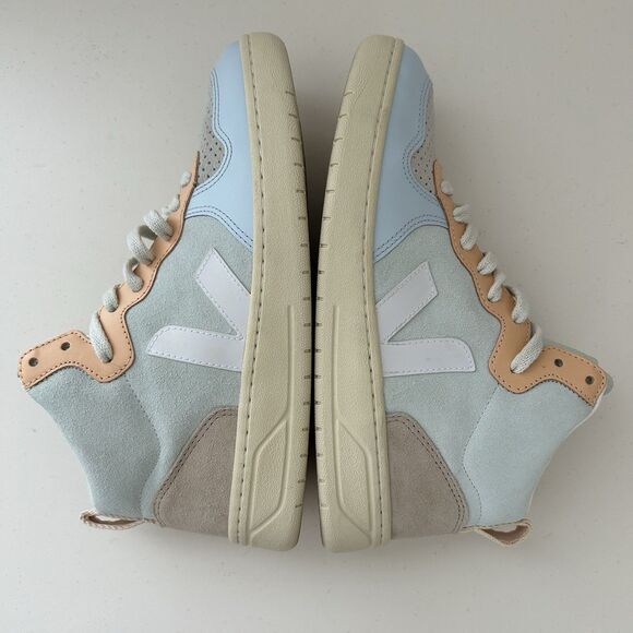 Veja V-15 Leather And Suede Sneaker Womens 8 Jade White Multico High Top Shoes - Picture 9 of 10